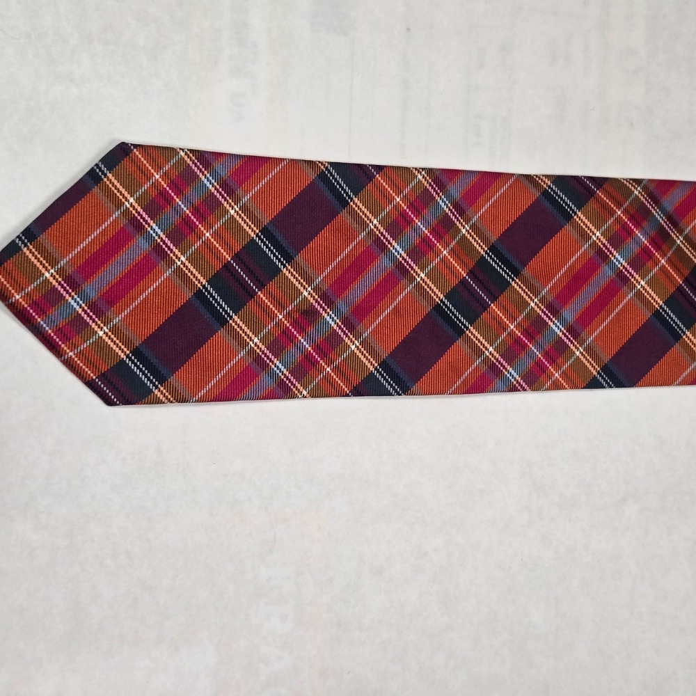 Brooks Brothers 346 Mens Silk Plaid Tie Orange Burgundy Navy‎ Blue Made in USA